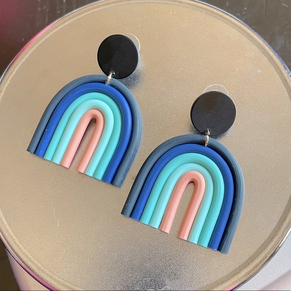 Ceramic Clay Rainbow Dangle Drop Earrings Blk Blue - Picture 2 of 7